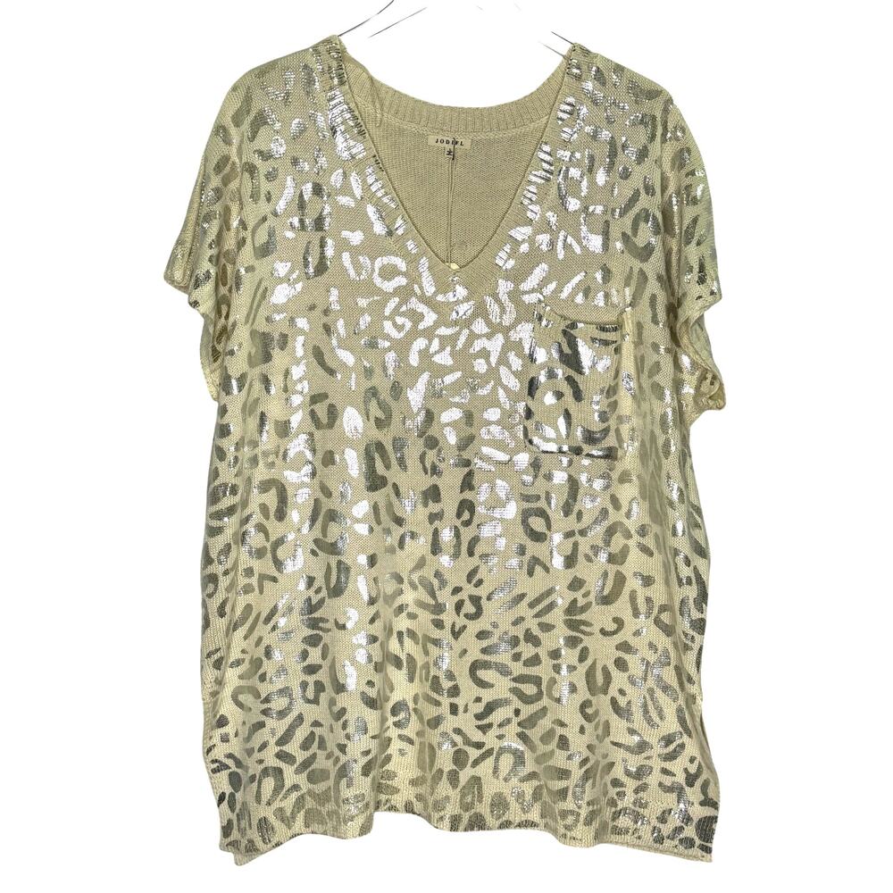 Jodifl Metallic Leopard Print Knit Top Sweater L NEW Gold Ivory V Neck Tunic